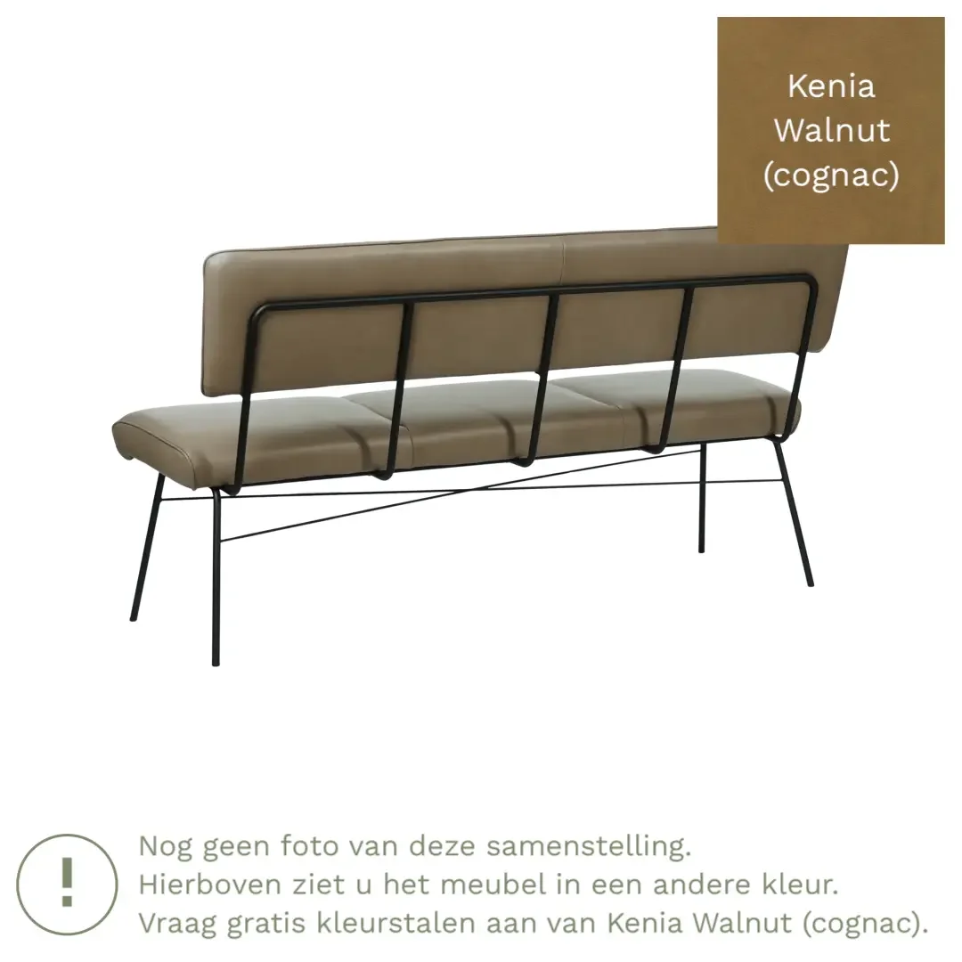 afbeelding van Leren eetkamerbank Solid - Kenia Walnut (cognac) - Poten staal rond zwart
