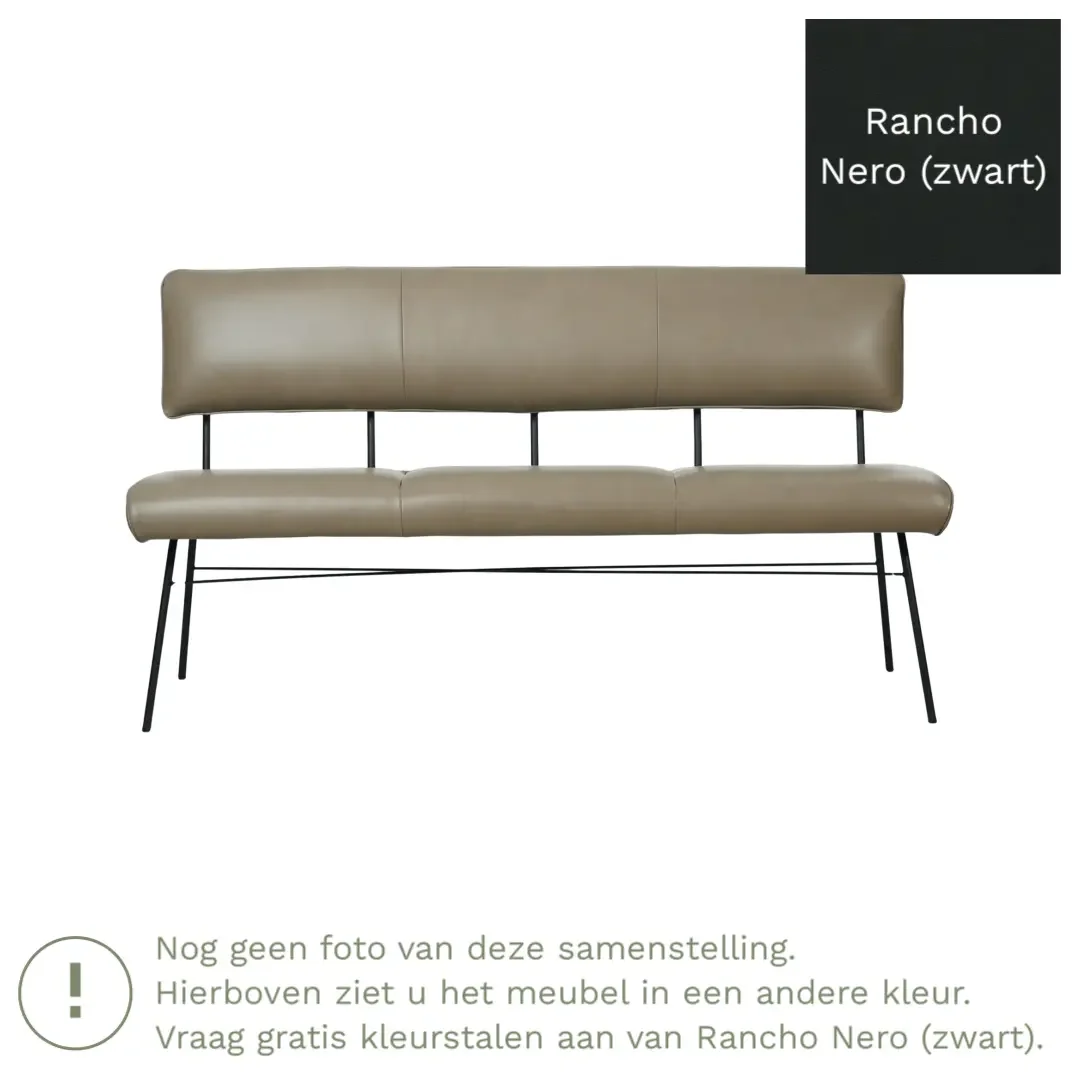 afbeelding van Leren eetkamerbank Solid - Rancho Nero (zwart) - Poten staal rond zwart