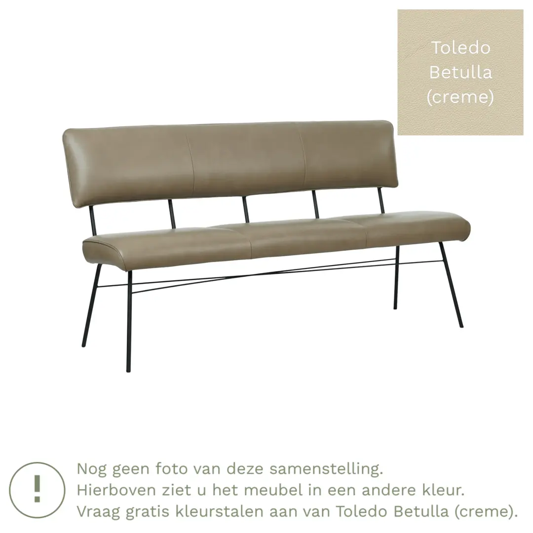 afbeelding van Leren eetkamerbank Solid - Toledo Betulla (crème) - Poten staal rond zwart