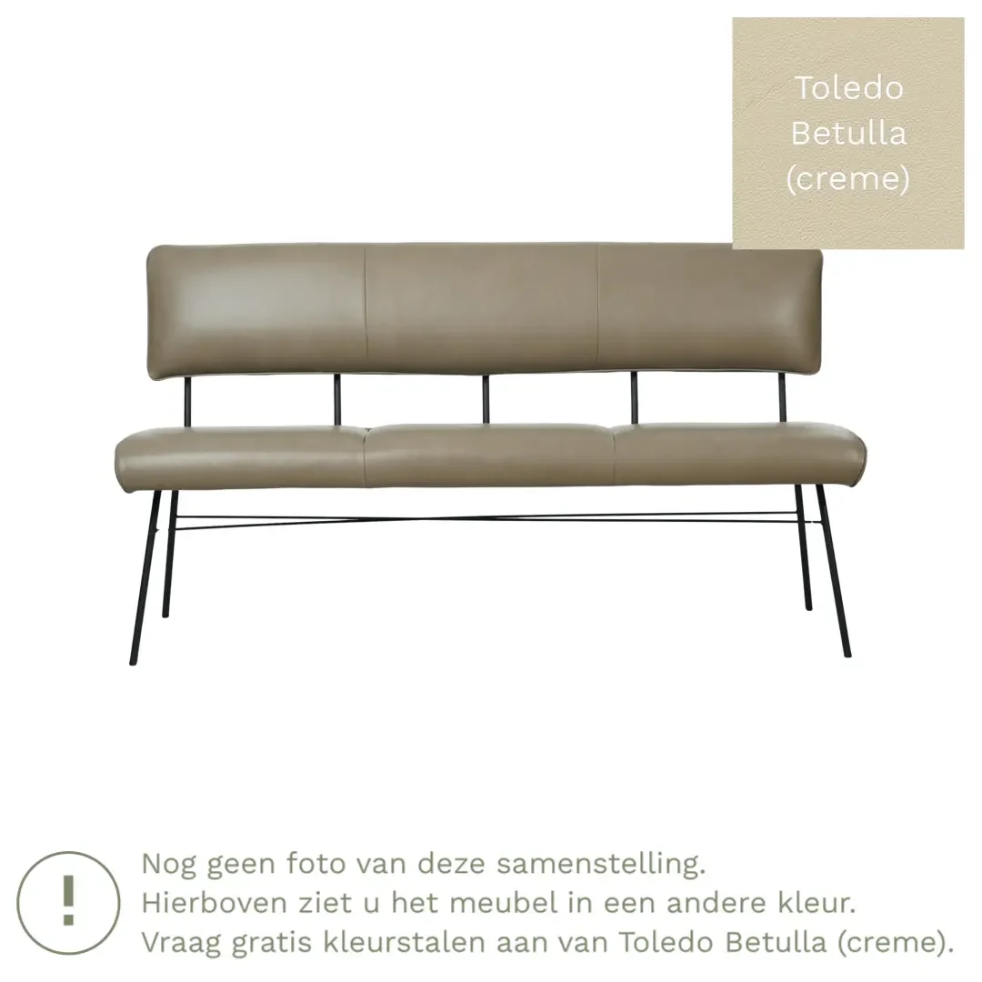 afbeelding van Leren eetkamerbank Solid - Toledo Betulla (crème) - Poten staal rond zwart