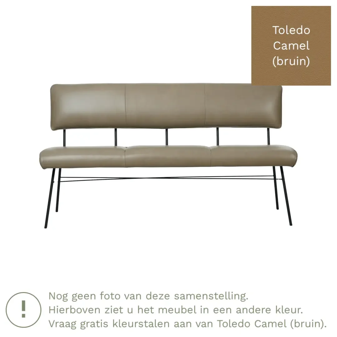 afbeelding van Leren eetkamerbank Solid - Toledo Camel (bruin) - Poten staal rond zwart