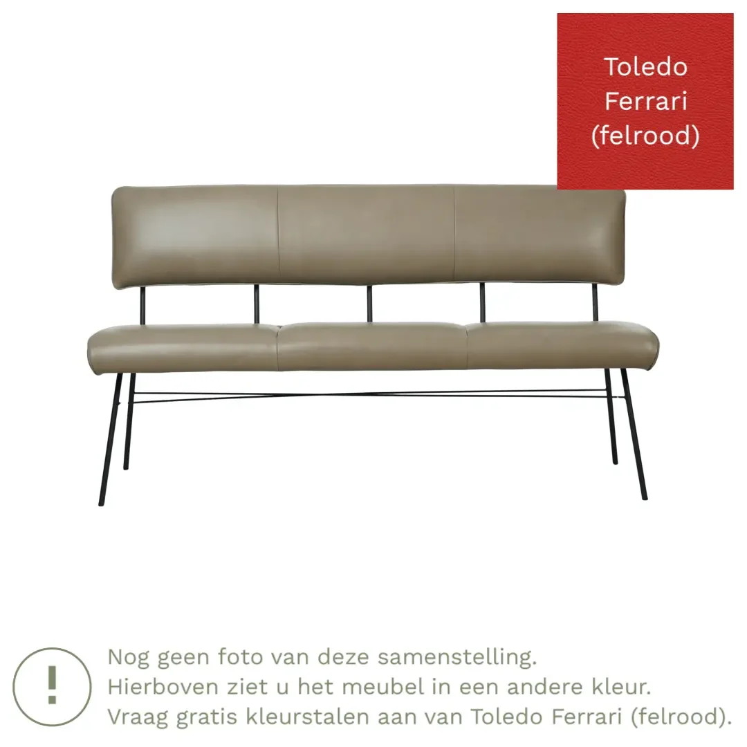 afbeelding van Leren eetkamerbank Solid - Toledo Ferrari (felrood) - Poten staal rond zwart