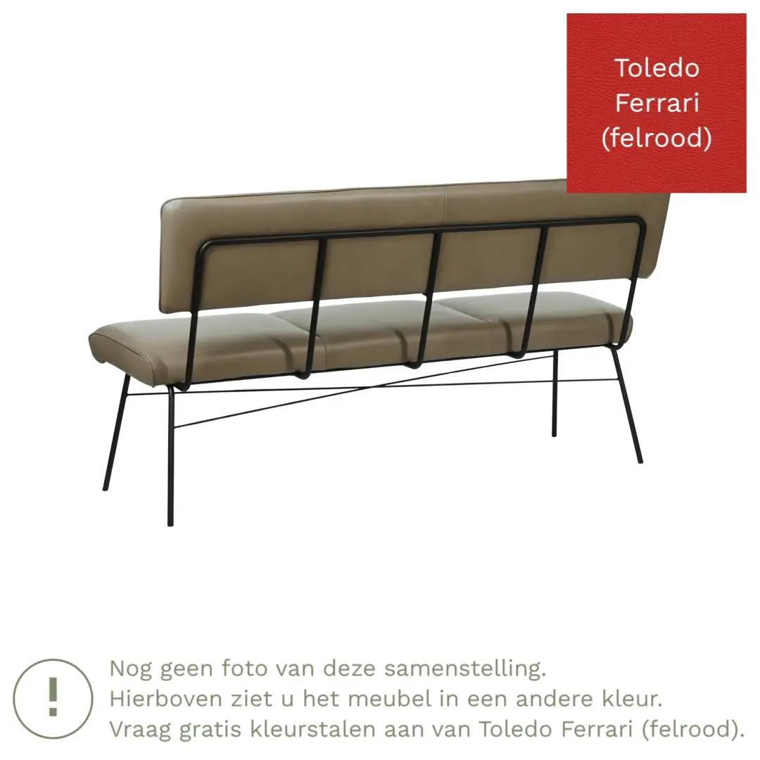 afbeelding van Leren eetkamerbank Solid - Toledo Ferrari (felrood) - Poten staal rond zwart