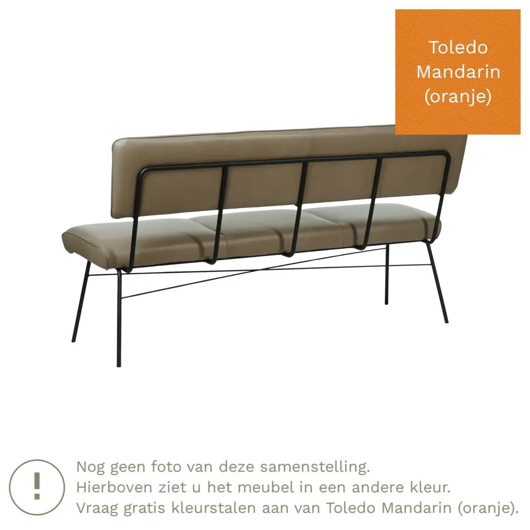 afbeelding van Leren eetkamerbank Solid - Toledo Mandarin (oranje) - Poten staal rond zwart