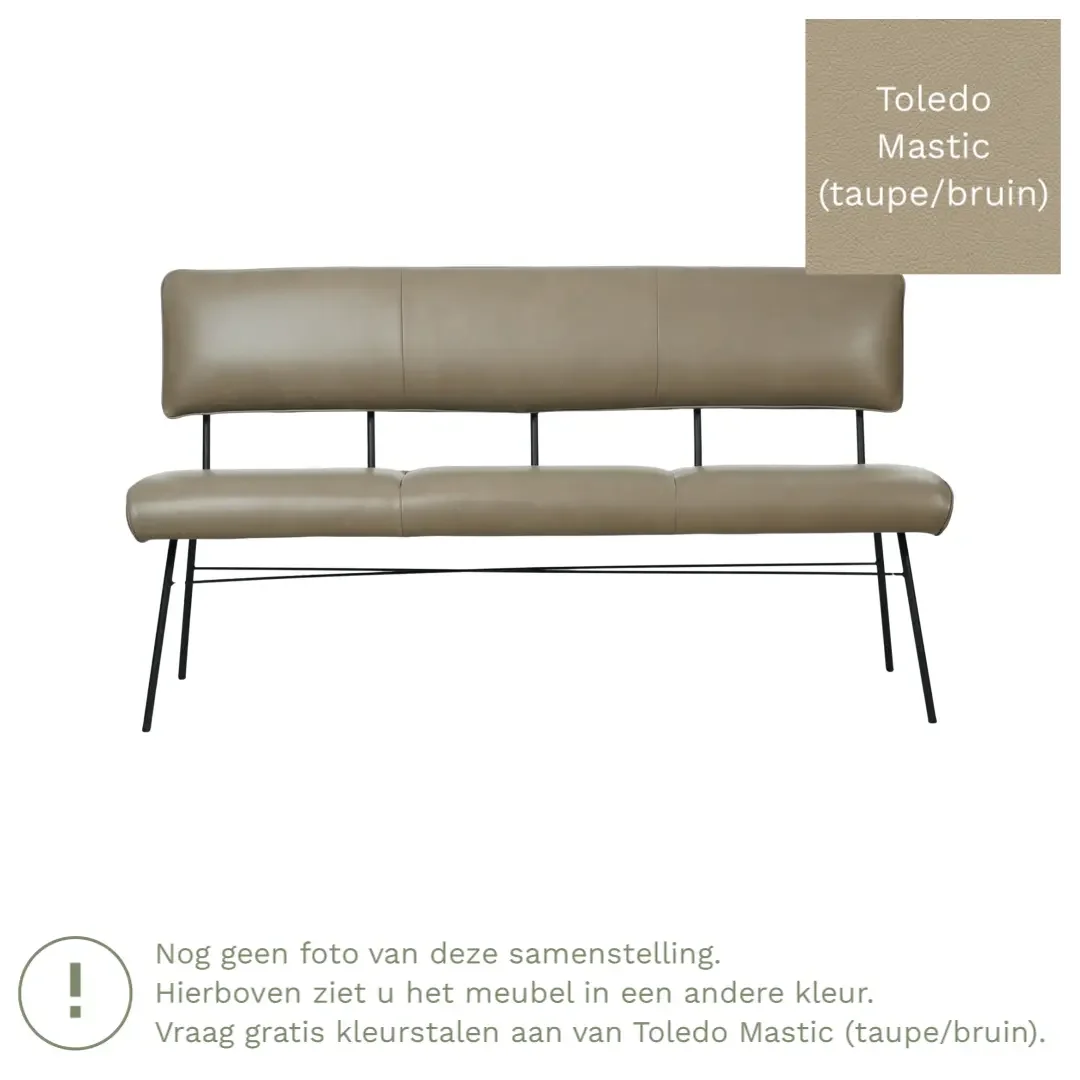 afbeelding van Leren eetkamerbank Solid - Toledo Mastic (taupe/bruin) - Poten staal rond zwart