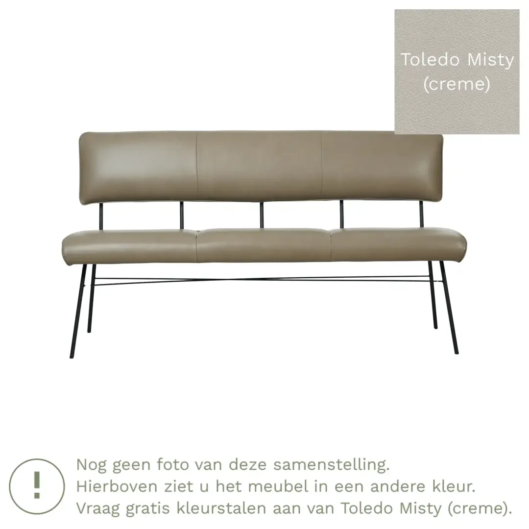 afbeelding van Leren eetkamerbank Solid - Toledo Misty (crème) - Poten staal rond zwart