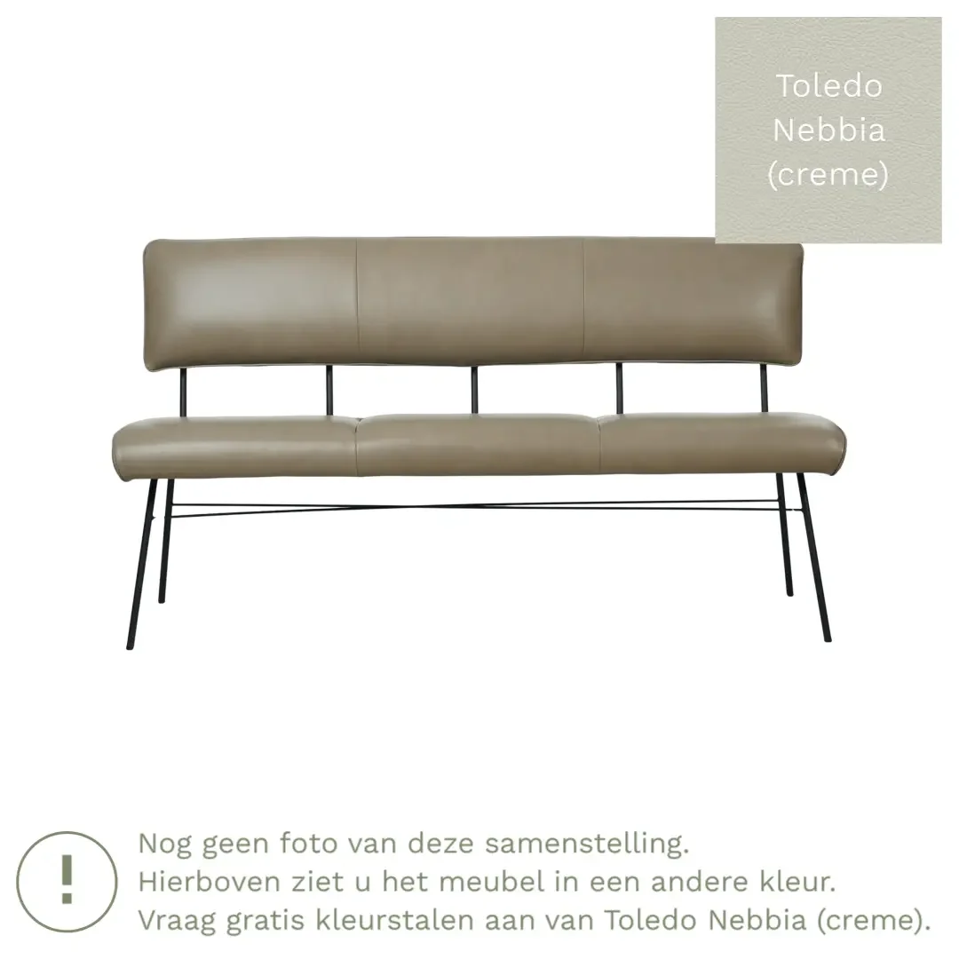 afbeelding van Leren eetkamerbank Solid - Toledo Nebbia (crème) - Poten staal rond zwart