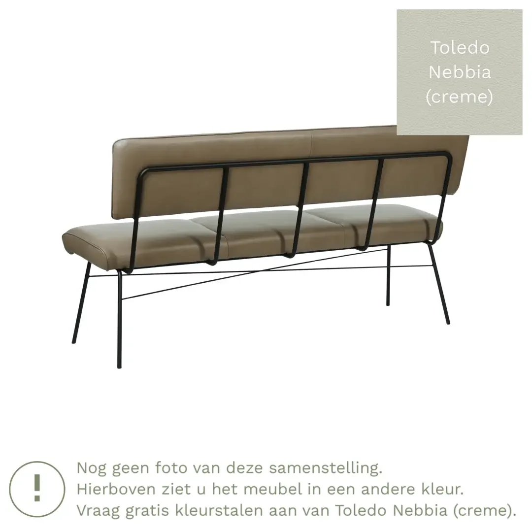 afbeelding van Leren eetkamerbank Solid - Toledo Nebbia (crème) - Poten staal rond zwart