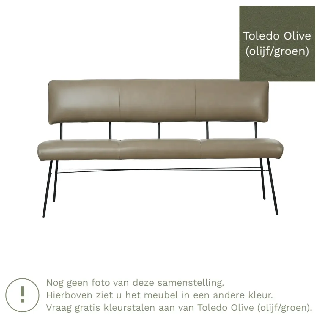 afbeelding van Leren eetkamerbank Solid - Toledo Olive (olijf/goen) - Poten staal rond zwart