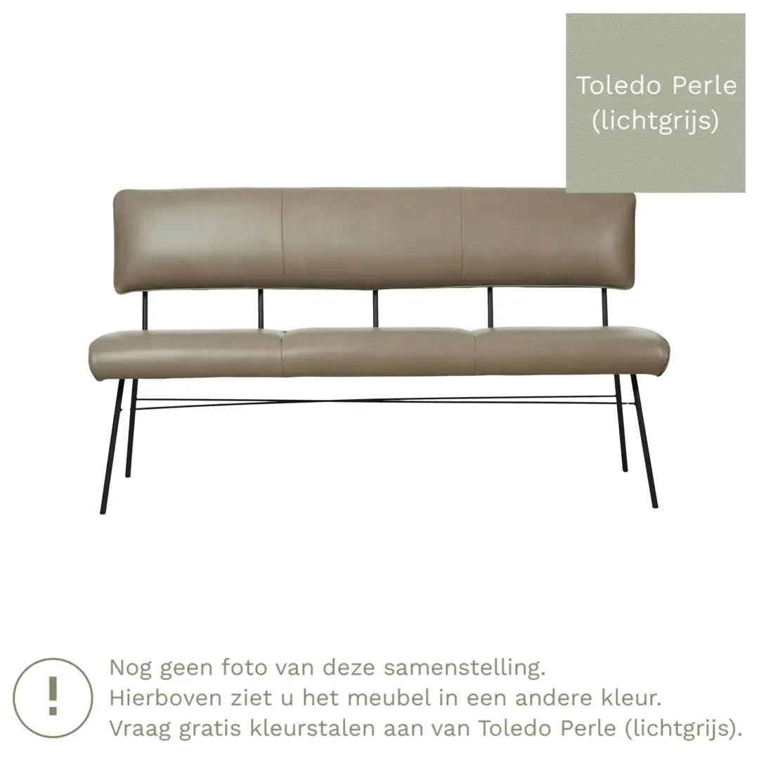 afbeelding van Leren eetkamerbank Solid - Toledo Perle (lichtgrijs) - Poten staal rond zwart