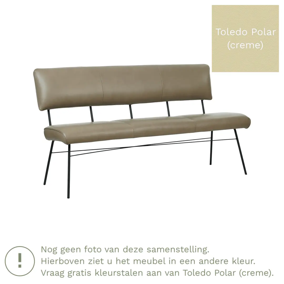 afbeelding van Leren eetkamerbank Solid - Toledo Polar (crème) - Poten staal rond zwart