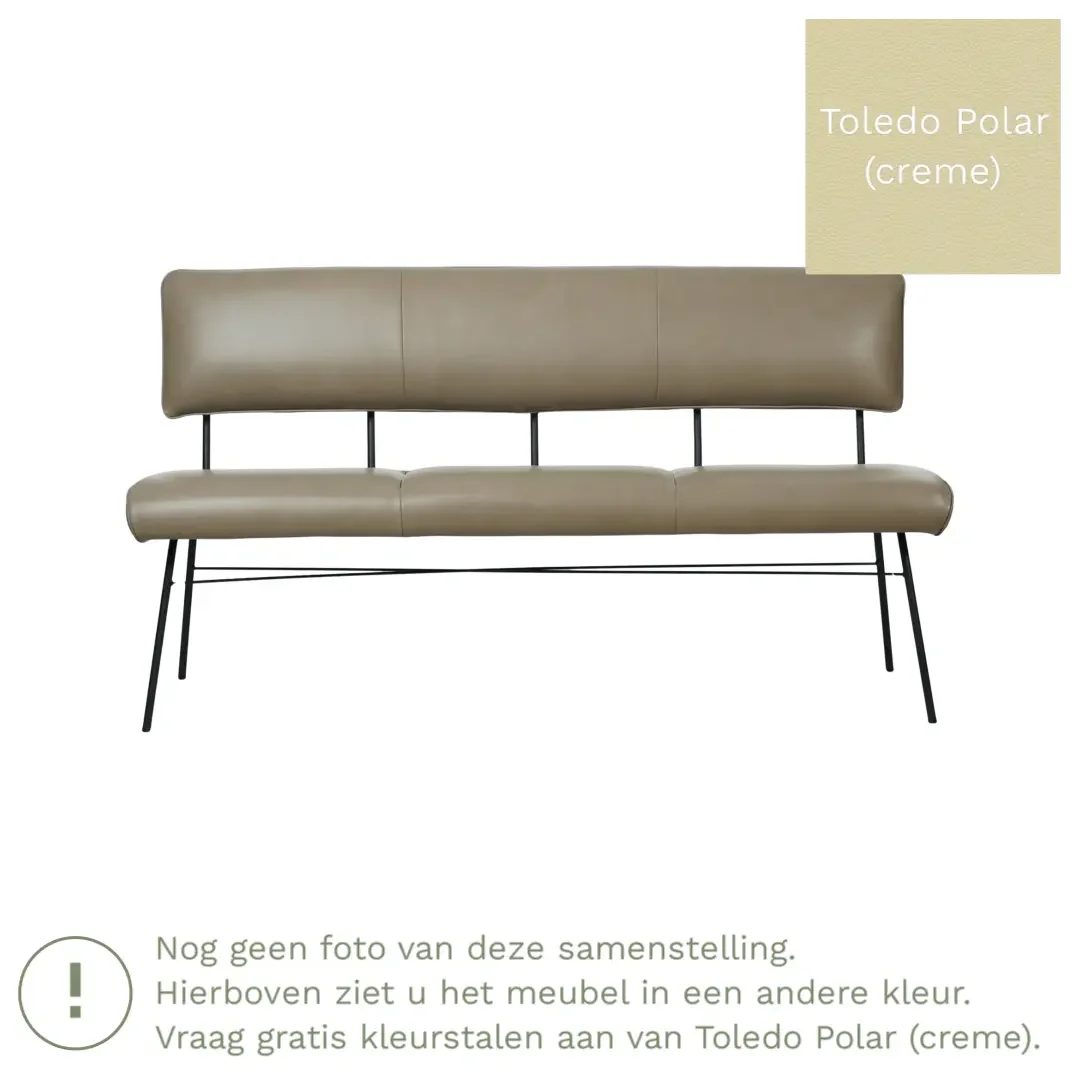 afbeelding van Leren eetkamerbank Solid - Toledo Polar (crème) - Poten staal rond zwart