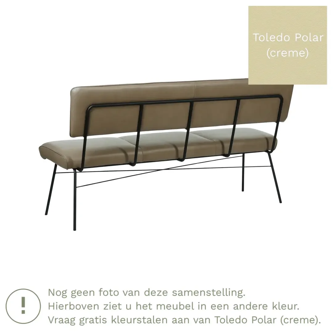 afbeelding van Leren eetkamerbank Solid - Toledo Polar (crème) - Poten staal rond zwart