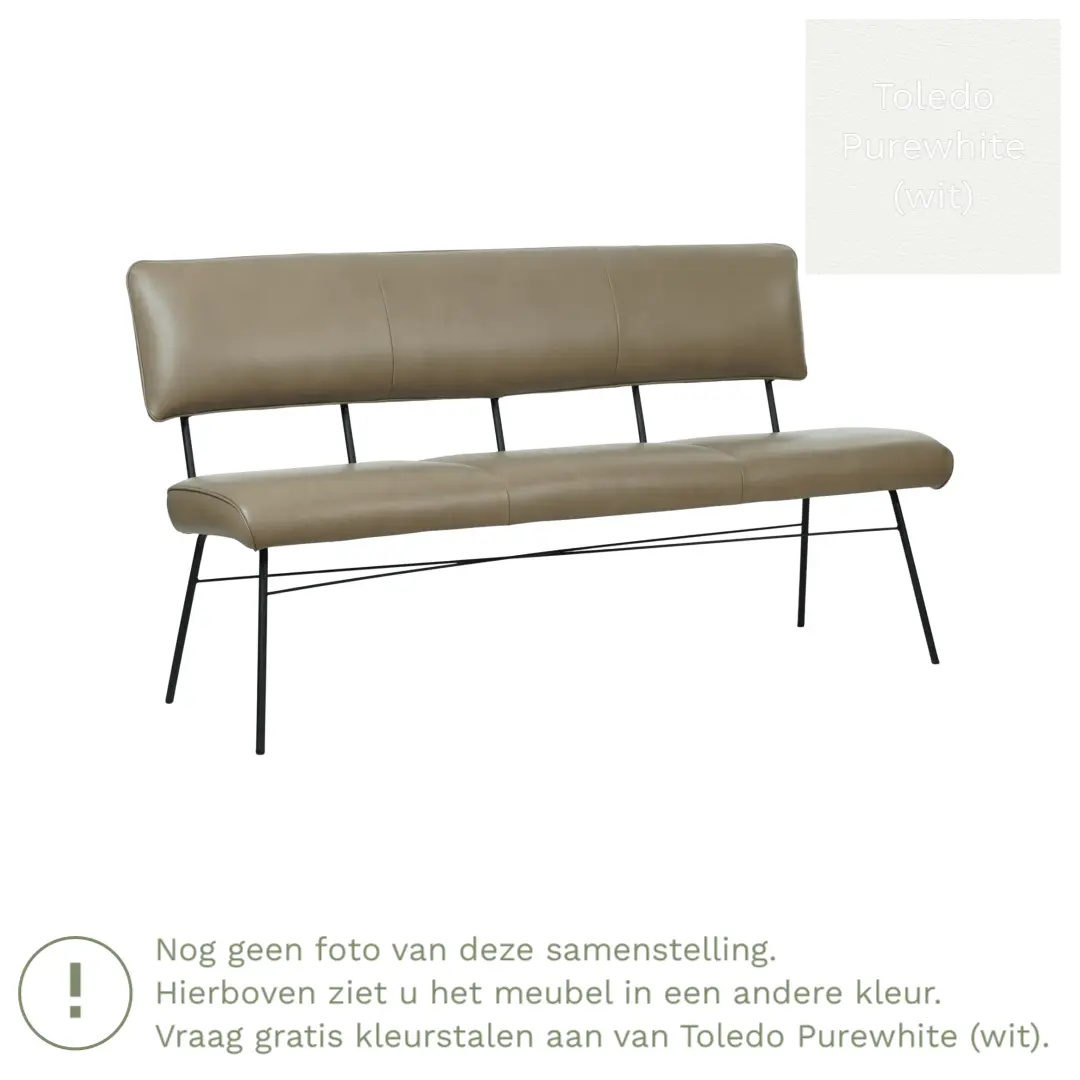 afbeelding van Leren eetkamerbank Solid - Toledo Purewhite (wit) - Poten staal rond zwart
