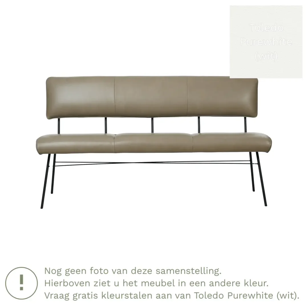 afbeelding van Leren eetkamerbank Solid - Toledo Purewhite (wit) - Poten staal rond zwart