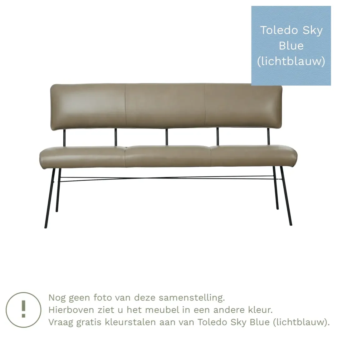 afbeelding van Leren eetkamerbank Solid - Toledo Sky Blue (lichtblauw) - Poten staal rond zwart