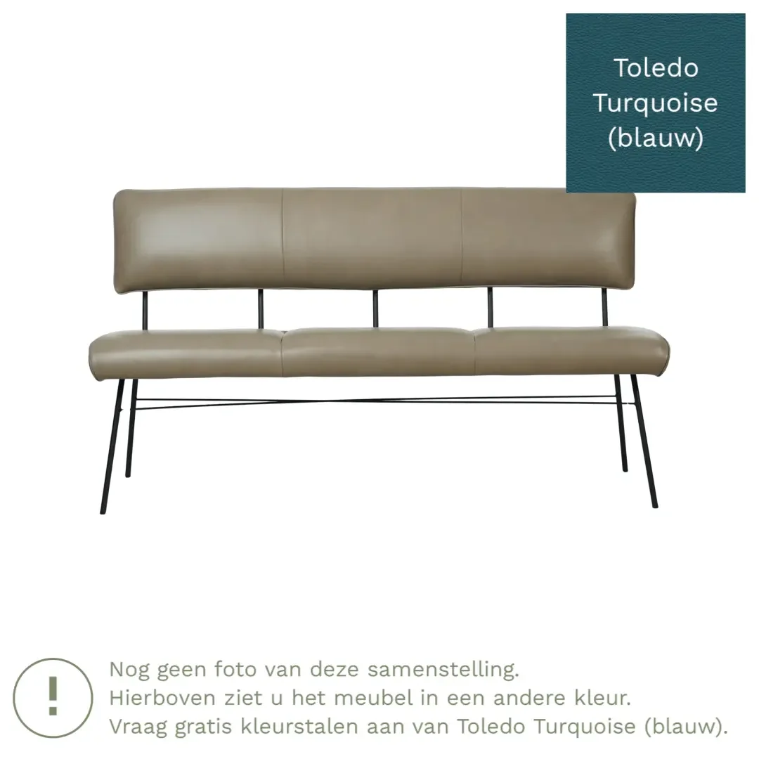 afbeelding van Leren eetkamerbank Solid - Toledo Turquoise (blauw) - Poten staal rond zwart