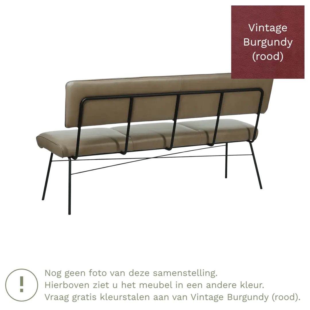 afbeelding van Leren eetkamerbank Solid - Vintage Burgundy (rood) - Poten staal rond zwart