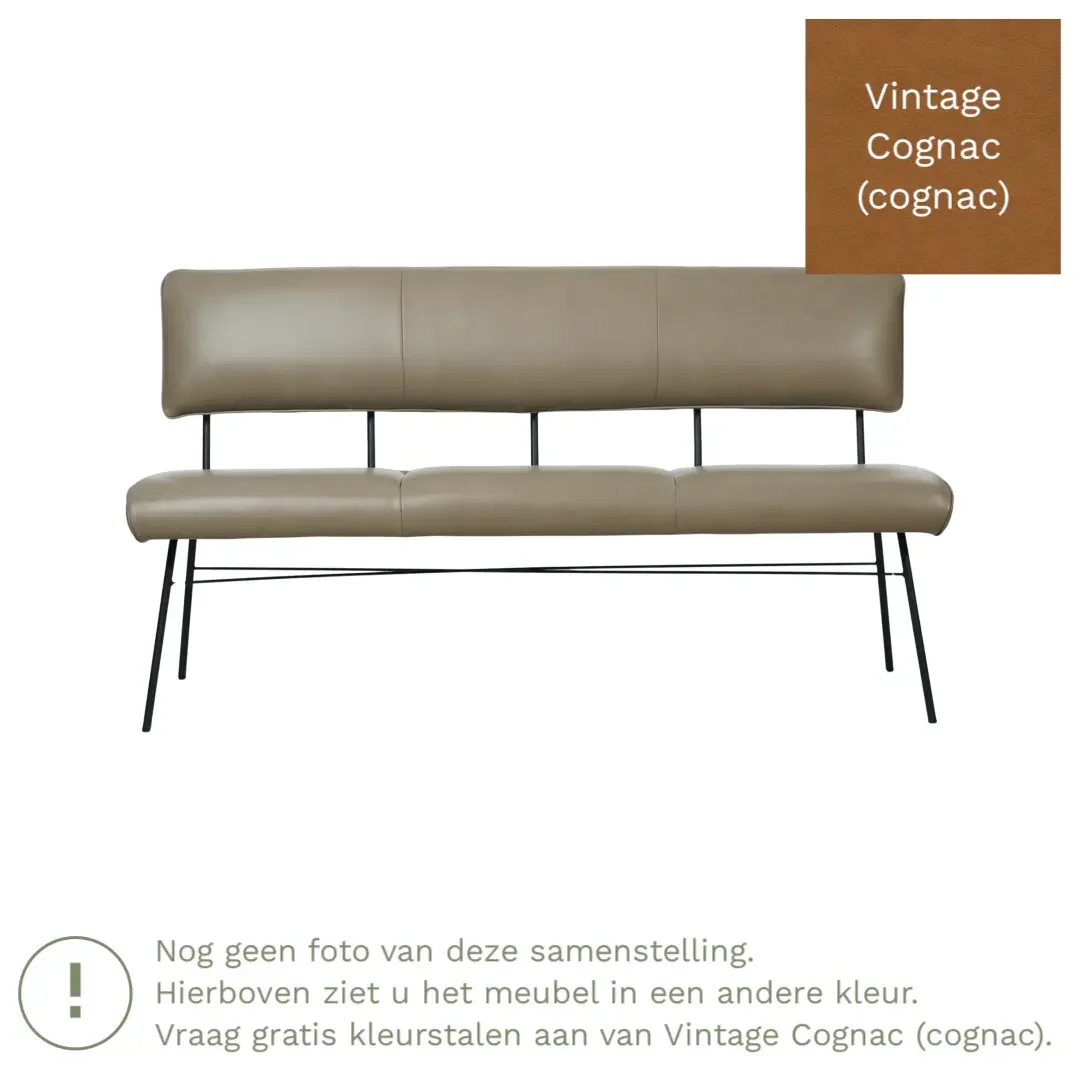afbeelding van Leren eetkamerbank Solid - Vintage Cognac (cognac) - Poten staal rond zwart