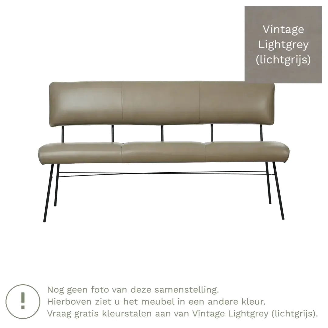 afbeelding van Leren eetkamerbank Solid - Vintage Lightgrey (lichtgrijs) - Poten staal rond zwart