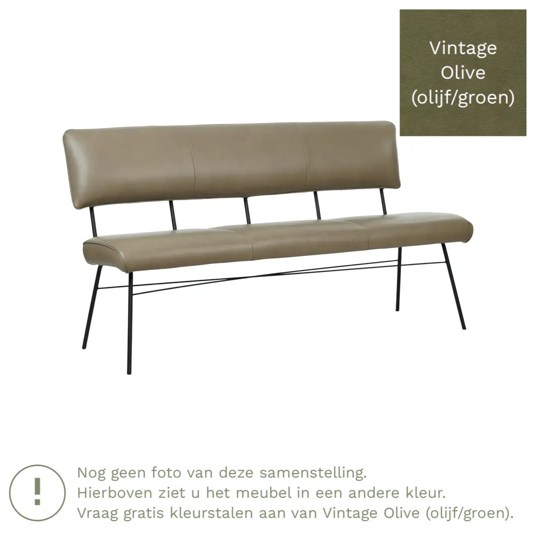 afbeelding van Leren eetkamerbank Solid - Vintage Olive (olijf/groen) - Poten staal rond zwart