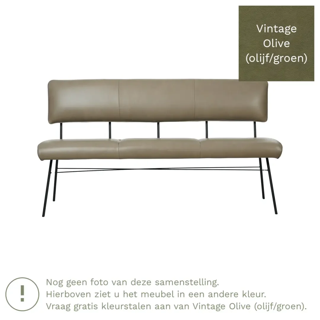 afbeelding van Leren eetkamerbank Solid - Vintage Olive (olijf/groen) - Poten staal rond zwart