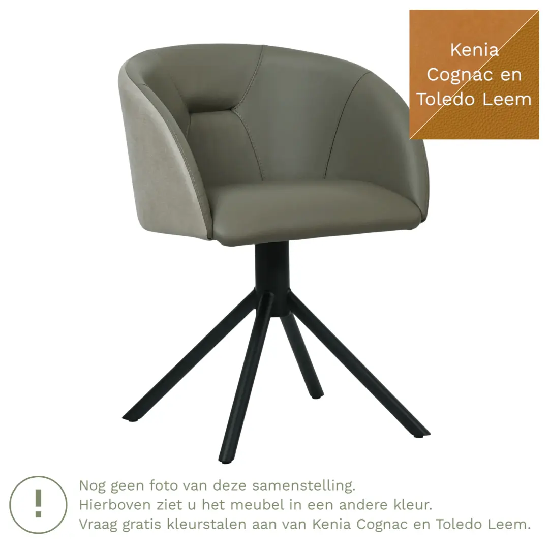 afbeelding van Leren eetkamerstoel Charm Duo - Kenia Cognac en Toledo Leem - Spinpoot staal rond zwart