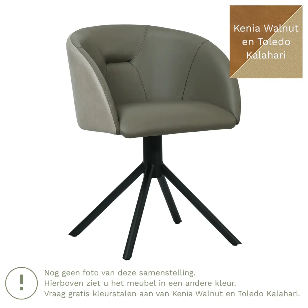 afbeelding van Leren eetkamerstoel Charm Duo - Kenia Walnut en Toledo Kalahari - Spinpoot staal rond zwart