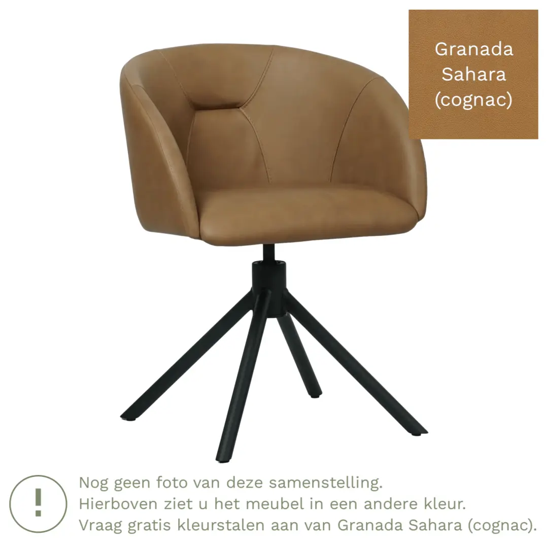 afbeelding van Leren eetkamerstoel Charm - Granada Sahara (cognac) - Spinpoot staal rond zwart