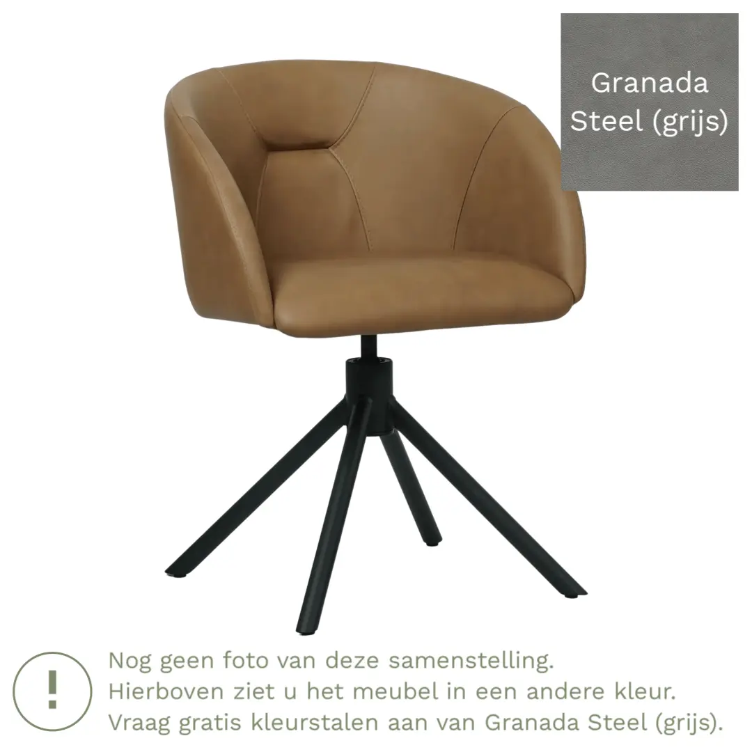 afbeelding van Leren eetkamerstoel Charm - Granada Steel (grijs) - Spinpoot staal rond zwart