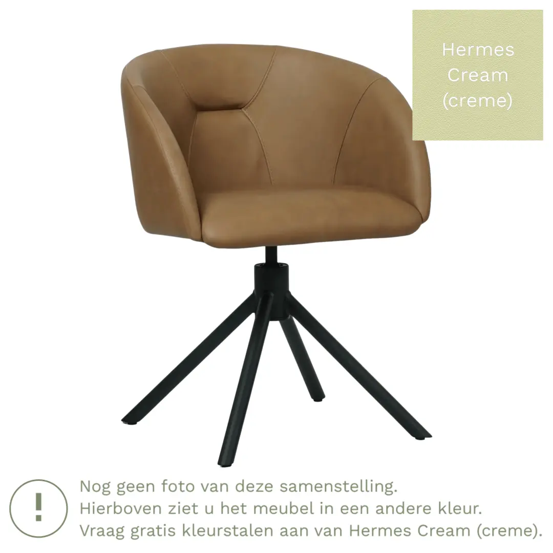 afbeelding van Leren eetkamerstoel Charm - Hermes Cream (crème) - Spinpoot staal rond zwart