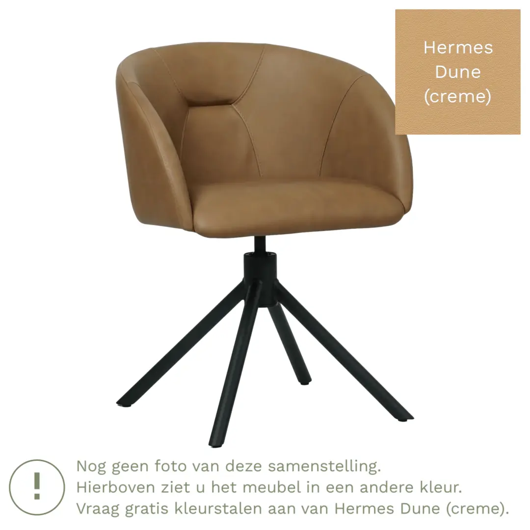 afbeelding van Leren eetkamerstoel Charm - Hermes Dune (crème) - Spinpoot staal rond zwart