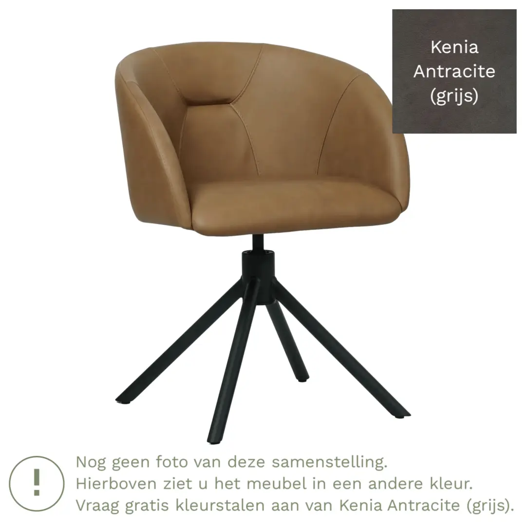 afbeelding van Leren eetkamerstoel Charm - Kenia Antracite (grijs) - Spinpoot staal rond zwart