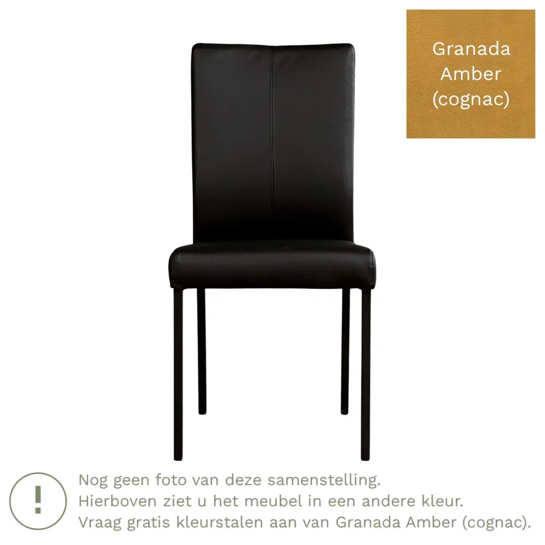 afbeelding van Leren eetkamerstoel Comfort - Granada Amber (cognac) - Poten staal vierkant zwart