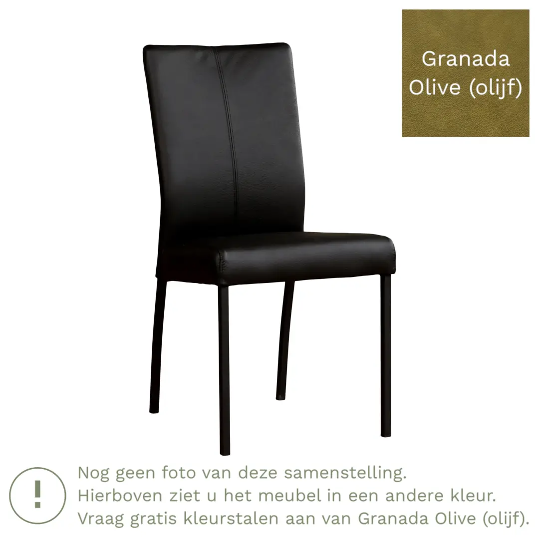 afbeelding van Leren eetkamerstoel Comfort - Granada Olive (olijf) - Poten staal rond zwart