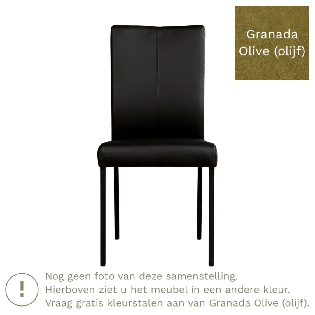 afbeelding van Leren eetkamerstoel Comfort - Granada Olive (olijf) - Poten staal rond zwart