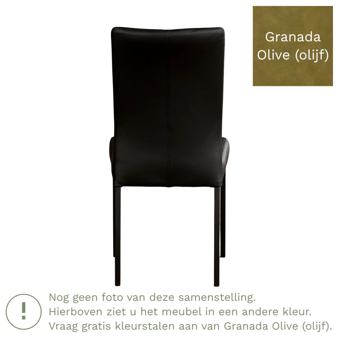 afbeelding van Leren eetkamerstoel Comfort - Granada Olive (olijf) - Poten staal vierkant zwart