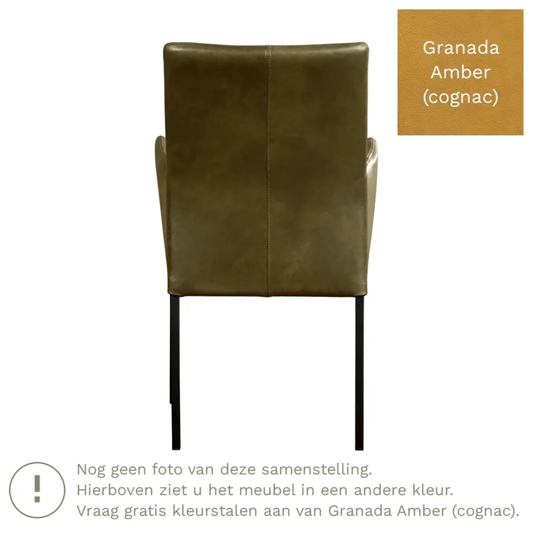afbeelding van Leren eetkamerstoel Comfort met armleuning - Granada Amber (cognac) - Poten staal rond zwart