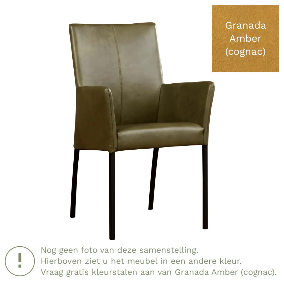 afbeelding van Leren eetkamerstoel Comfort met armleuning - Granada Amber (cognac) - Poten staal vierkant zwart