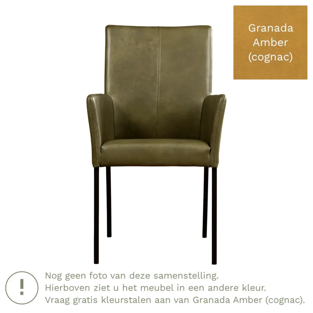 afbeelding van Leren eetkamerstoel Comfort met armleuning - Granada Amber (cognac) - Poten staal vierkant zwart