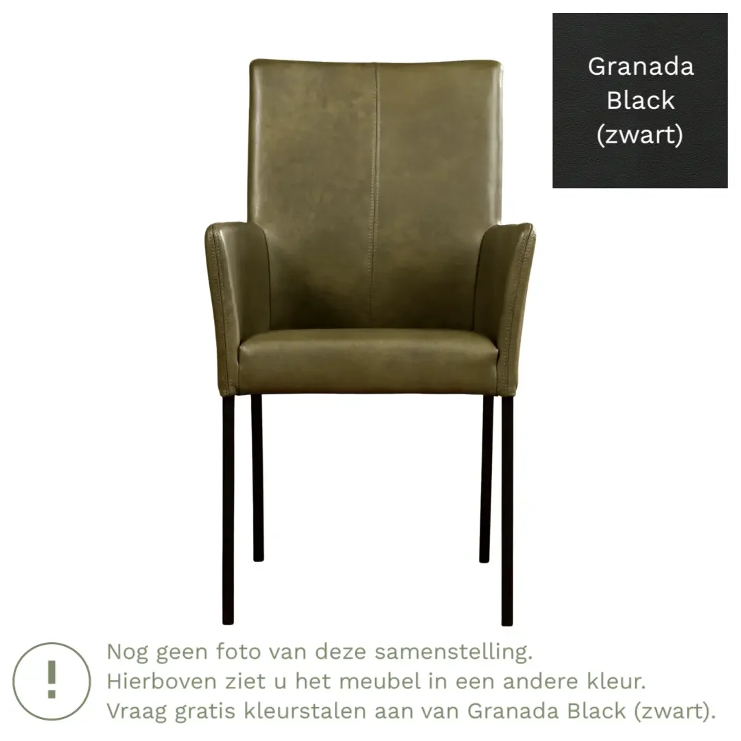 afbeelding van Leren eetkamerstoel Comfort met armleuning - Granada Black (zwart) - Poten staal vierkant zwart