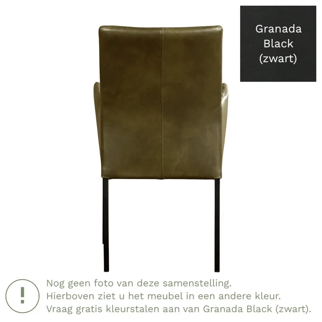 afbeelding van Leren eetkamerstoel Comfort met armleuning - Granada Black (zwart) - Poten staal vierkant zwart