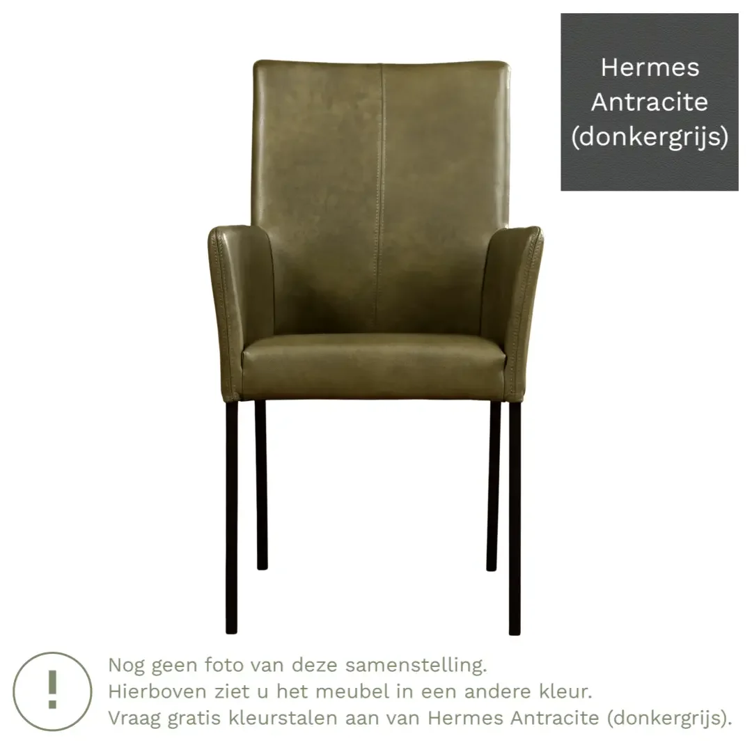 afbeelding van Leren eetkamerstoel Comfort met armleuning - Hermes Antracite (donkergrijs) - Poten staal rond RVS