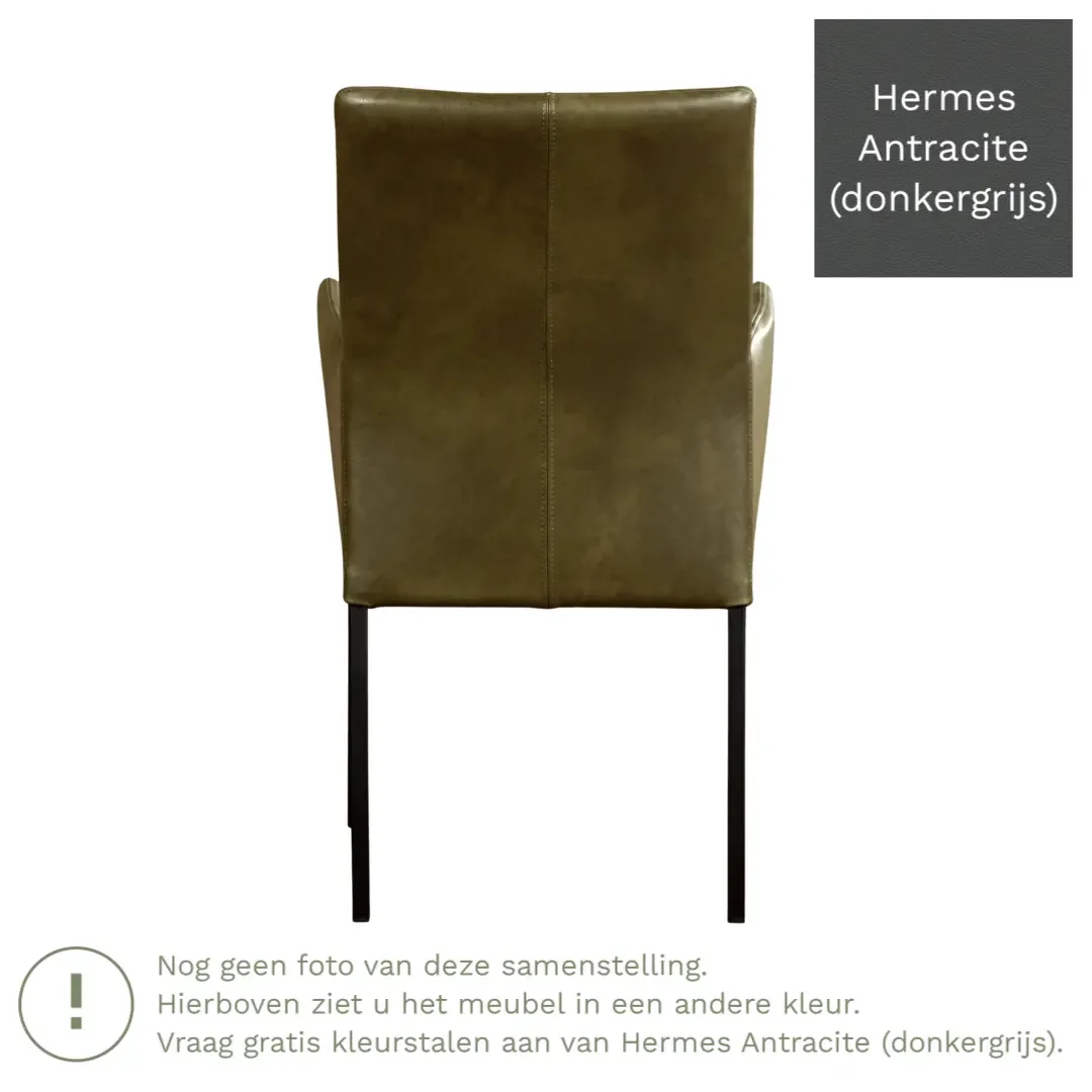 afbeelding van Leren eetkamerstoel Comfort met armleuning - Hermes Antracite (donkergrijs) - Poten staal rond RVS