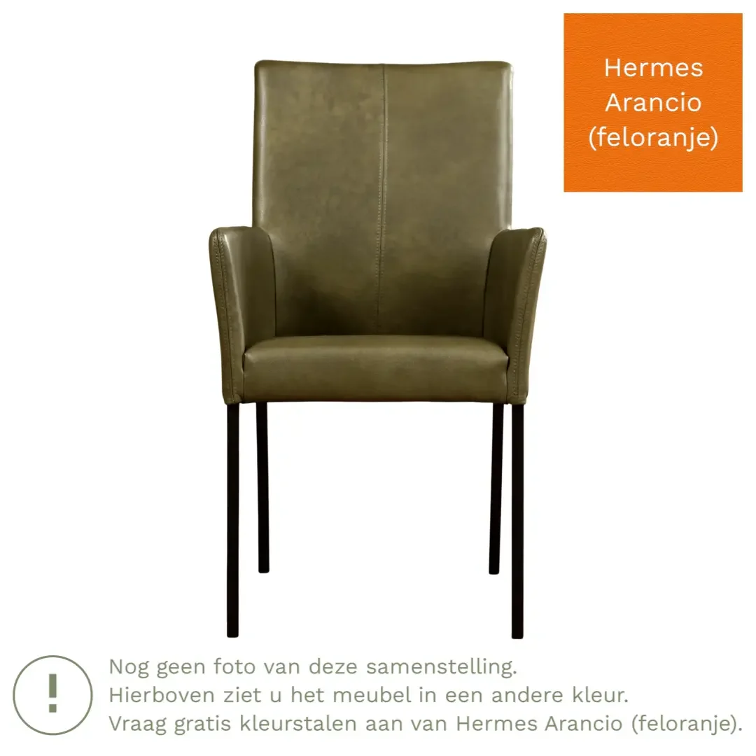 afbeelding van Leren eetkamerstoel Comfort met armleuning - Hermes Arancio (feloranje) - Poten staal rond RVS
