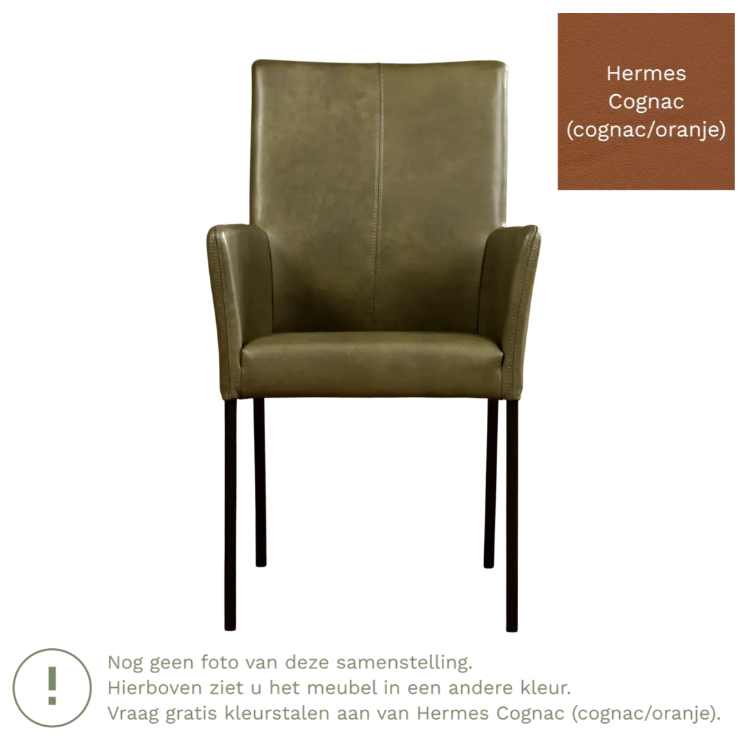 afbeelding van Leren eetkamerstoel Comfort met armleuning - Hermes Cognac (cognac/oranje) - Poten staal rond zwart