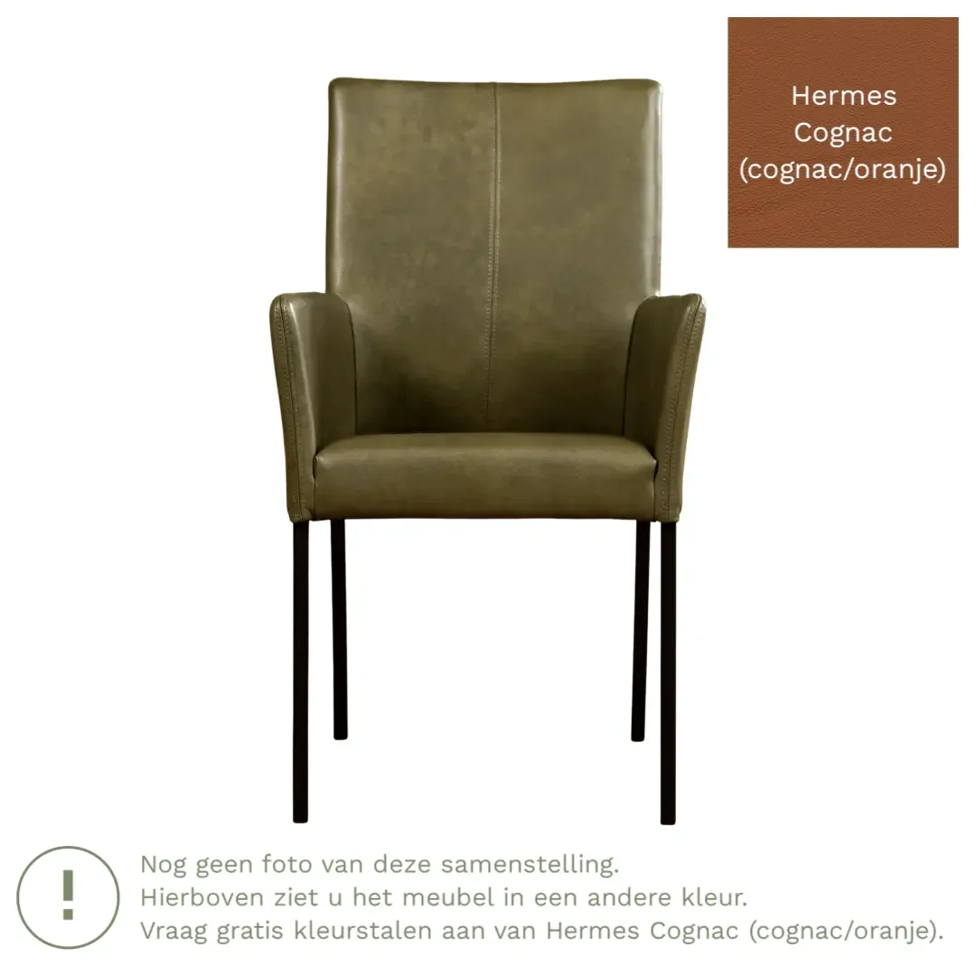 afbeelding van Leren eetkamerstoel Comfort met armleuning - Hermes Cognac (cognac/oranje) - Poten staal vierkant zwart