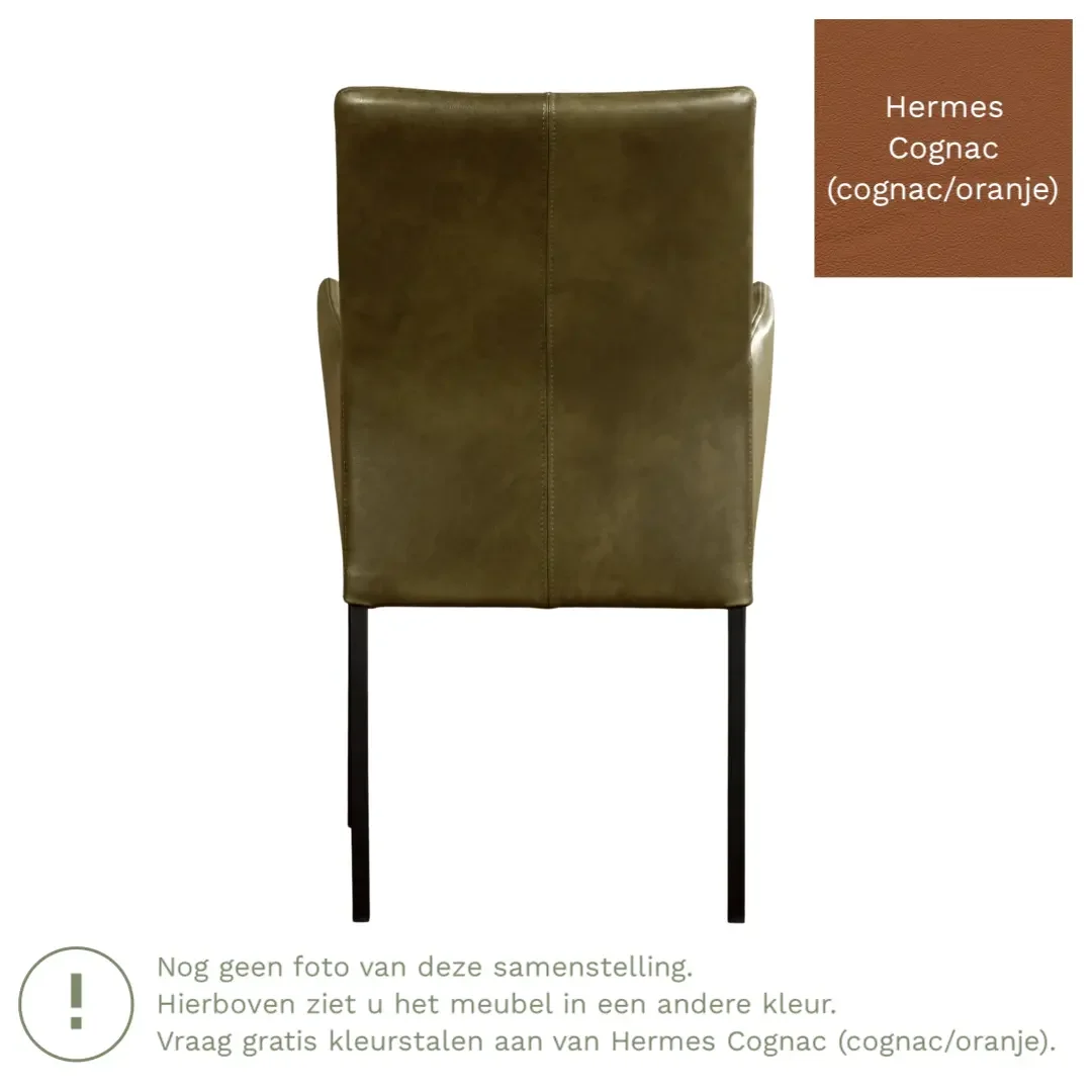 afbeelding van Leren eetkamerstoel Comfort met armleuning - Hermes Cognac (cognac/oranje) - Poten staal vierkant zwart