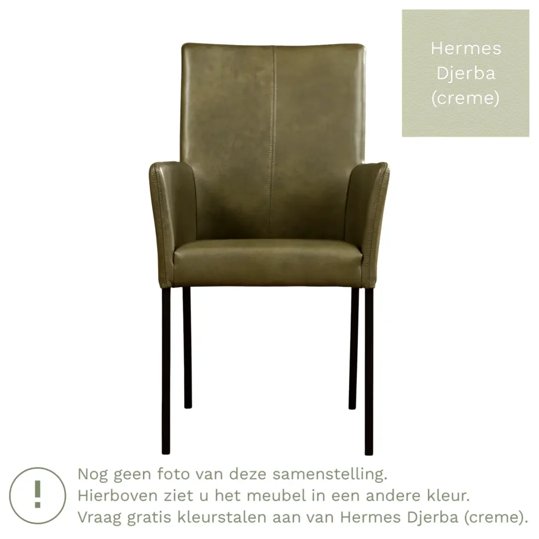 afbeelding van Leren eetkamerstoel Comfort met armleuning - Hermes Djerba (crème) - Poten staal rond RVS