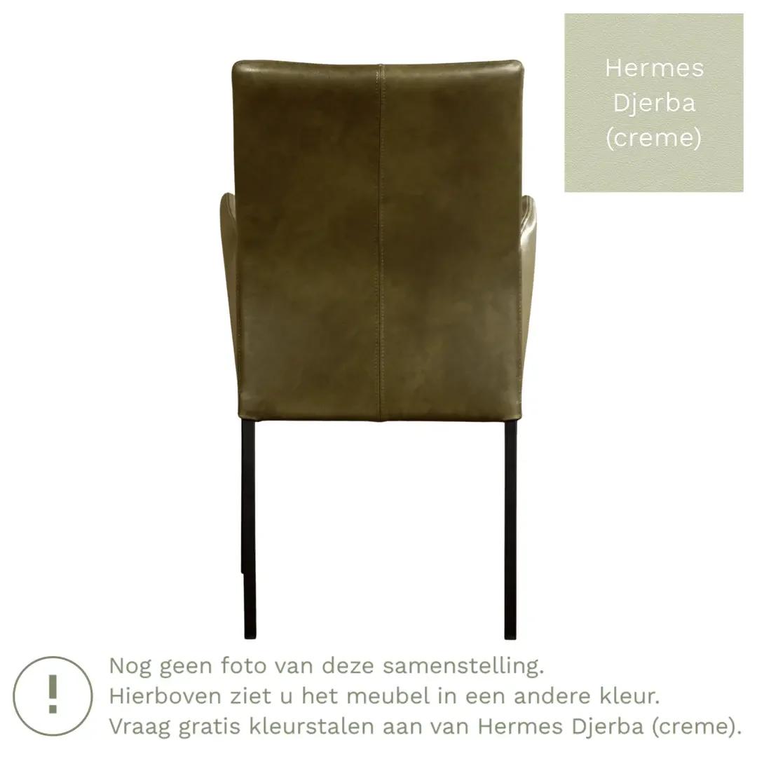afbeelding van Leren eetkamerstoel Comfort met armleuning - Hermes Djerba (crème) - Poten staal rond RVS